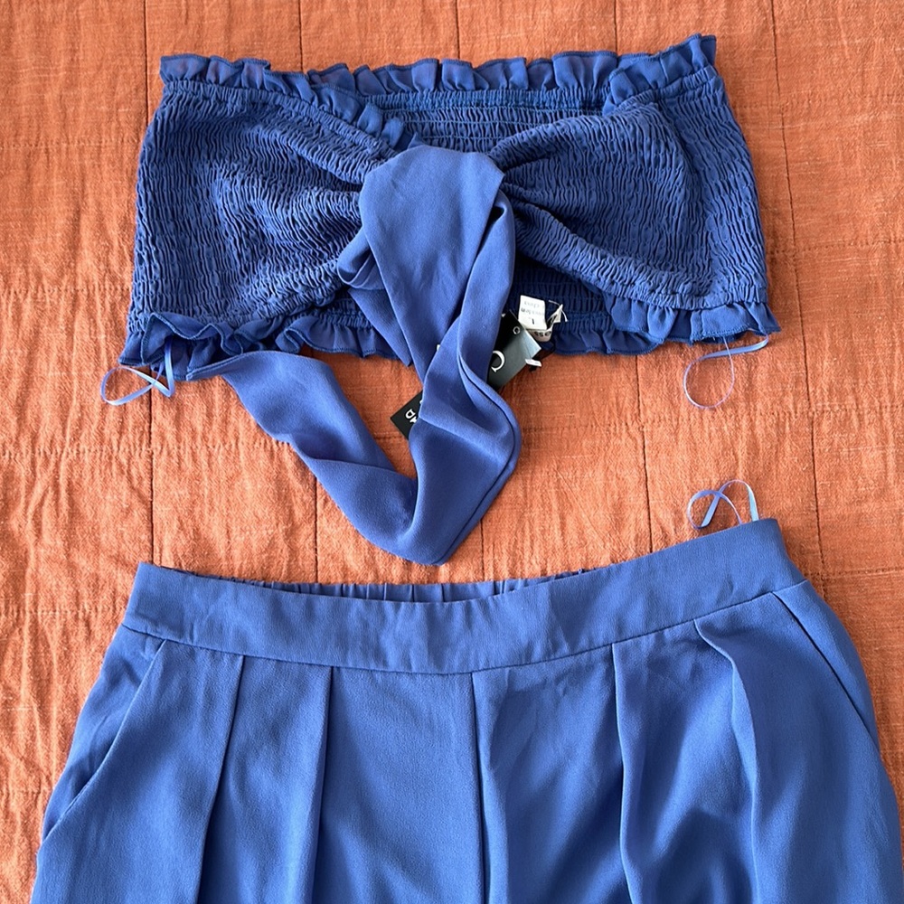 Two Piece Blue outfit, Strapless Crop Top, loose pants